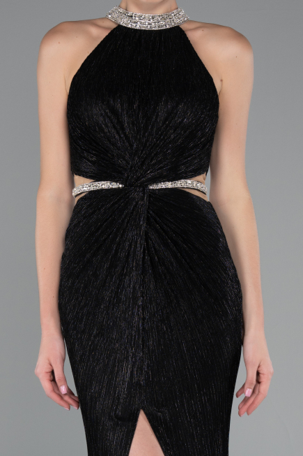 Black Halter Neck Slit Long Evening Gown ABU4324