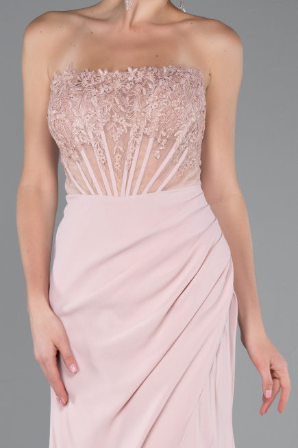 Powder Color Strapless Lace Appliqued Slit Long Evening Gown ABU5001