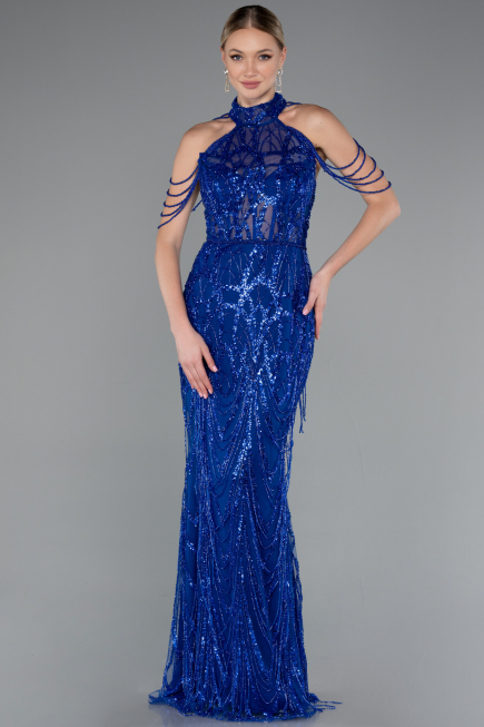 Long Sax Blue Beaded Evening Dress ABU4912