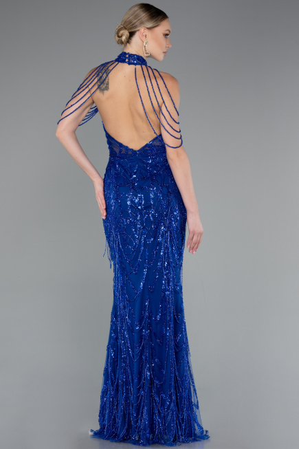 Long Sax Blue Beaded Evening Dress ABU4912