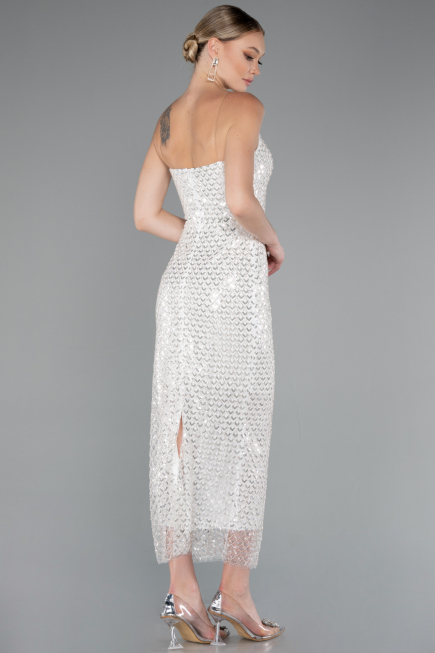 White Strapless Beaded Midi Cocktail Dress ABK2260