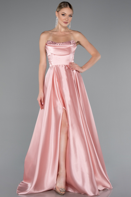 Long Powder Color Satin Evening Dress ABU5064