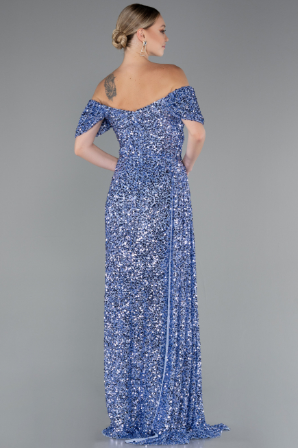 Indigo Boat Neck Slit Long Sequin Evening Gown ABU4843