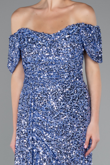 Indigo Boat Neck Slit Long Sequin Evening Gown ABU4843