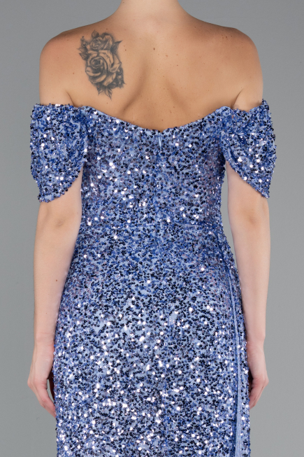 Indigo Boat Neck Slit Long Sequin Evening Gown ABU4843
