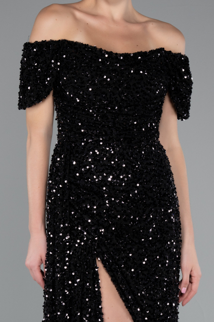 Black Boat Neck Slit Long Sequin Evening Gown ABU4843