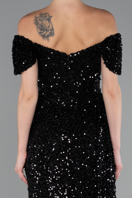 Black Boat Neck Slit Long Sequin Evening Gown ABU4843