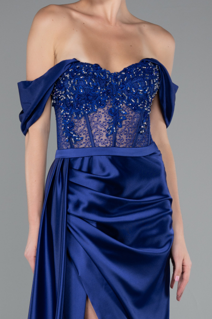 Navy Blue Long Satin Evening Dress ABU5034