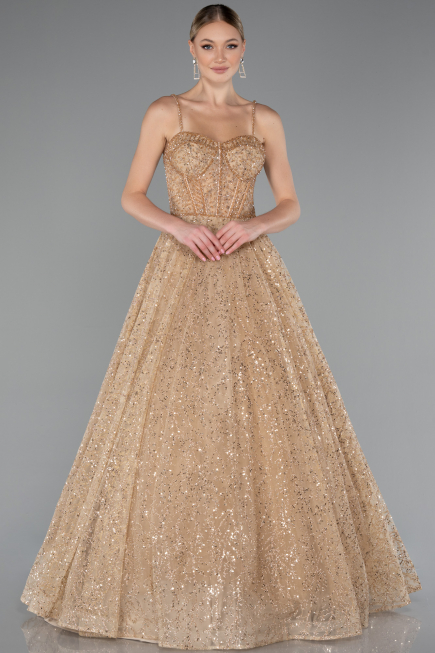 Gold Strappy Glitter Long Ball Gown ABU3839
