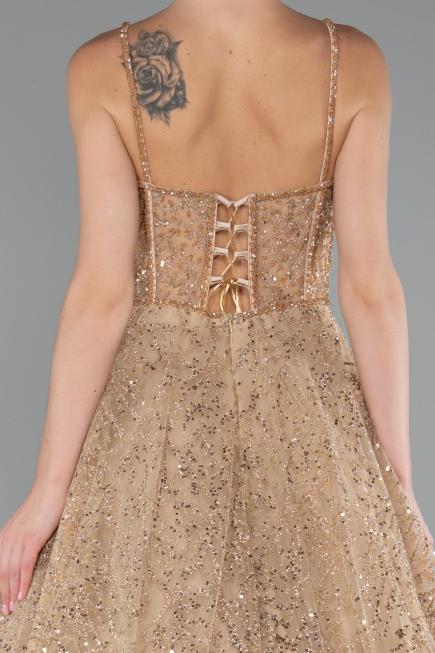 Gold Strappy Glitter Long Ball Gown ABU3839