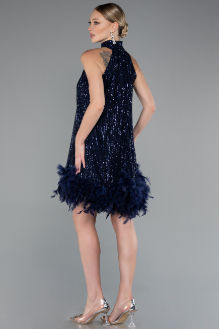 Navy Blue Halter Neck Feathered Skirt Sequined Party Dress ABK2348