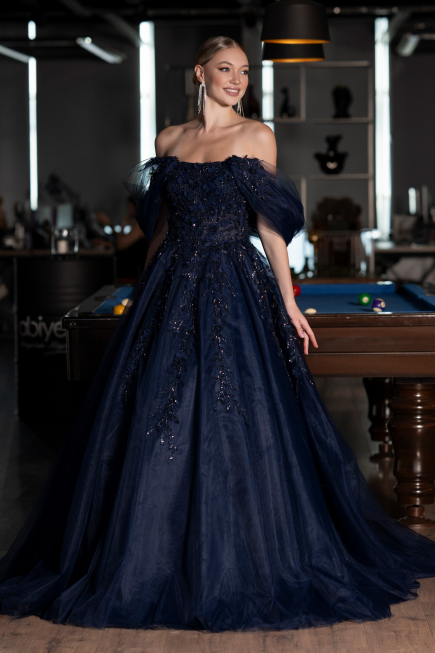 Navy Blue Boat Neck Embroidered Long Special Design Princess Dress ABU4720