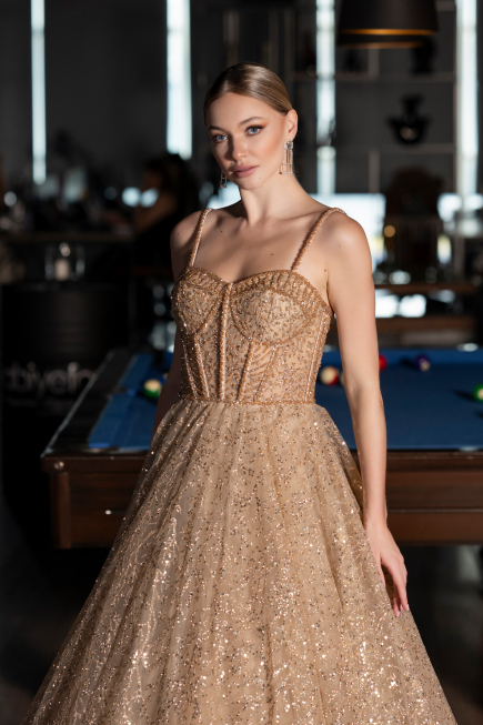 Gold Strappy Glitter Long Ball Gown ABU3839
