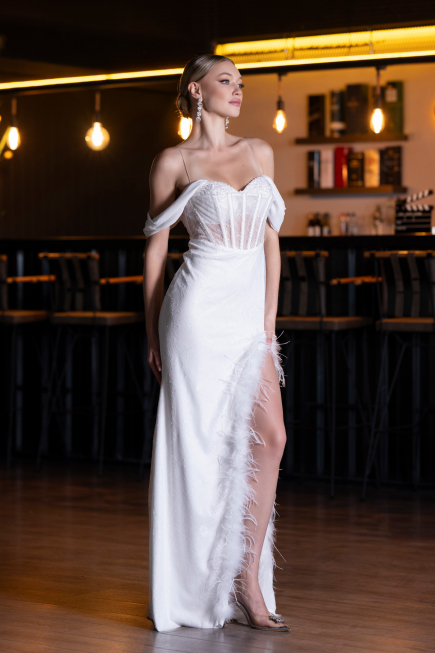 White Slit Underwire Long Lace Evening Gown ABU4270