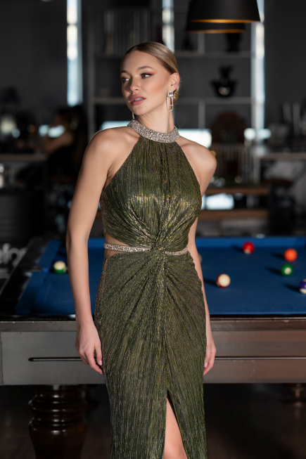 Olive Drab Halter Neck Slit Long Evening Gown ABU4324