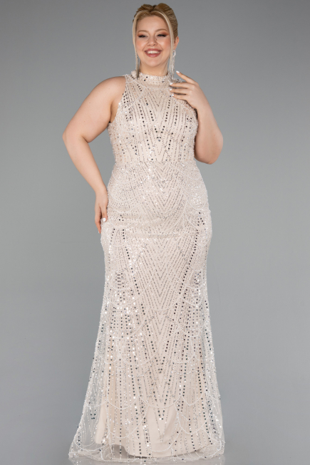 Long Beige Beaded Plus Size Evening Dress ABU5063