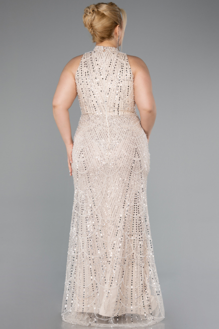 Long Beige Beaded Plus Size Evening Dress ABU5063