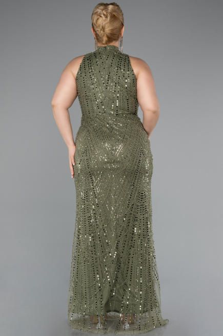 Long Olive Drab Beaded Plus Size Evening Dress ABU5063