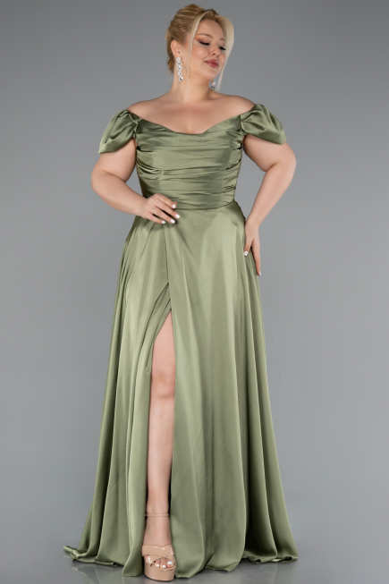 Olive Drab Long Satin Plus Size Evening Dress ABU4576
