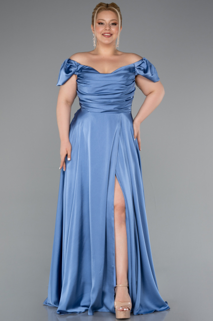 Indigo Long Satin Plus Size Evening Dress ABU4576