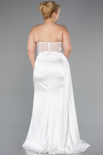 White Long Satin Plus Size Prom Dress ABU3855
