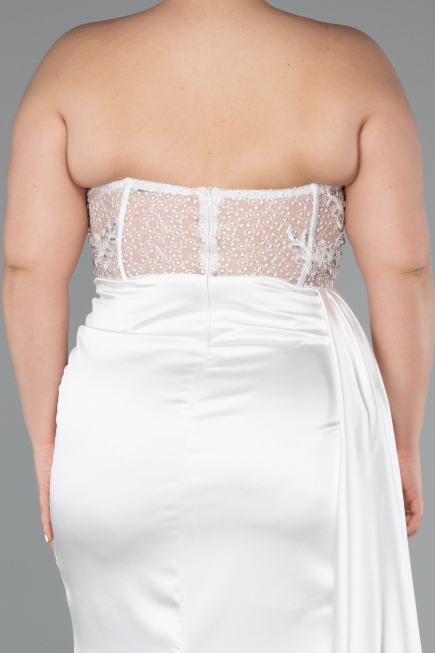 White Long Satin Plus Size Prom Dress ABU3855
