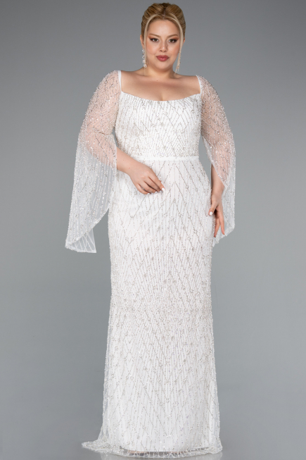 White Long Beaded Plus Size Engagement Dress ABU4640