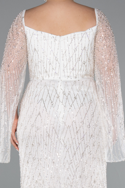 White Long Beaded Plus Size Engagement Dress ABU4640