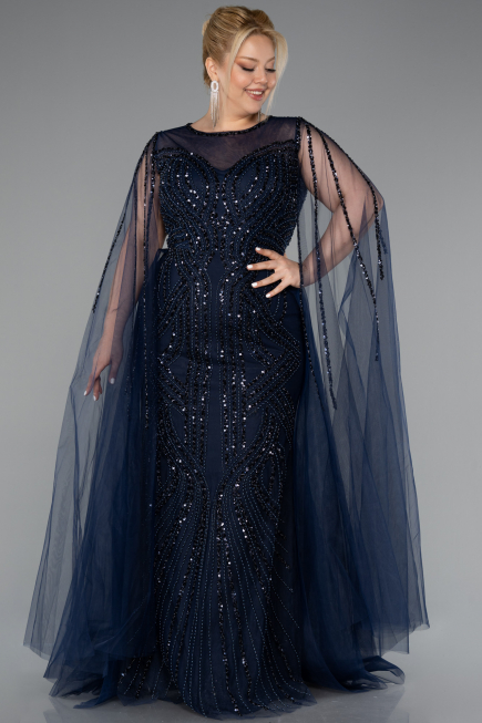Long Navy Blue Beaded Plus Size Engagement Dress ABU5050