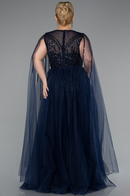 Long Navy Blue Beaded Plus Size Engagement Dress ABU5050