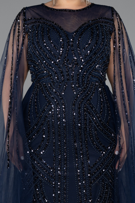 Long Navy Blue Beaded Plus Size Engagement Dress ABU5050