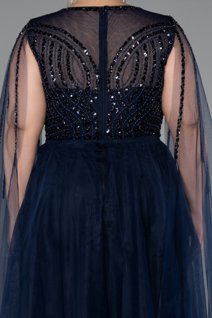 Long Navy Blue Beaded Plus Size Engagement Dress ABU5050