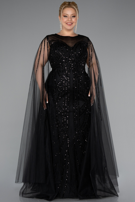 Long Black Beaded Plus Size Engagement Dress ABU5050