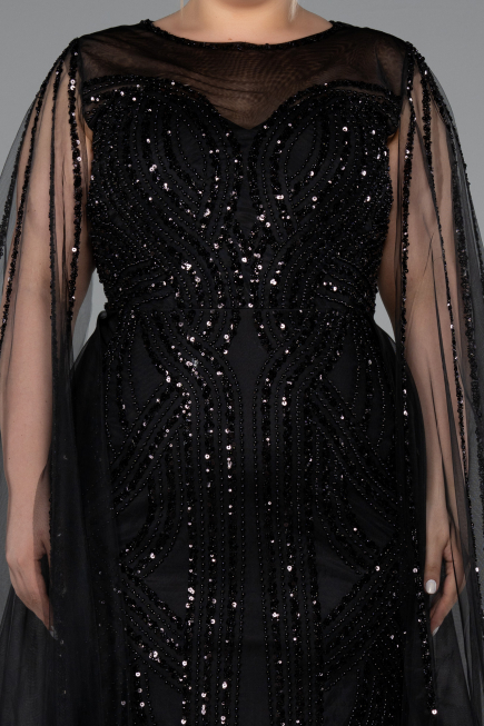 Long Black Beaded Plus Size Engagement Dress ABU5050
