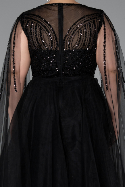 Long Black Beaded Plus Size Engagement Dress ABU5050