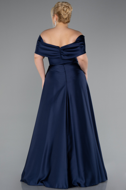 Long Navy Blue Satin Formal Plus Size Dress ABU5072