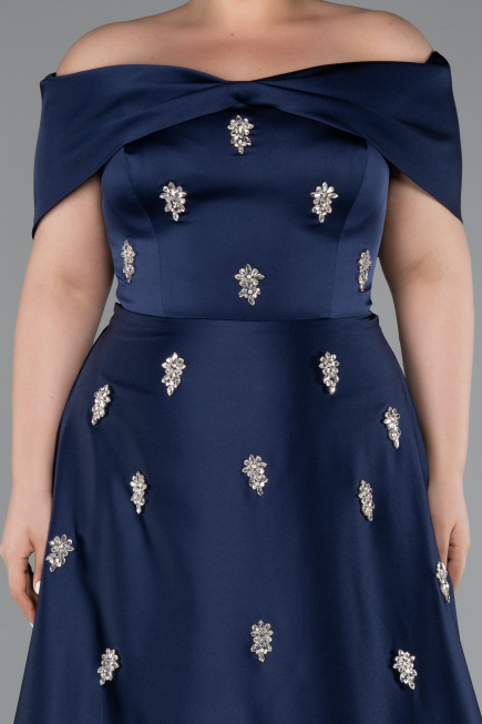 Long Navy Blue Satin Formal Plus Size Dress ABU5072