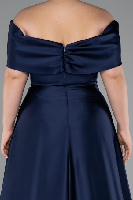 Long Navy Blue Satin Formal Plus Size Dress ABU5072