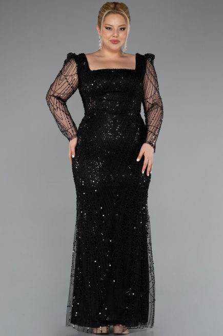 Long Black Beaded Plus Size Engagement Dress ABU4761