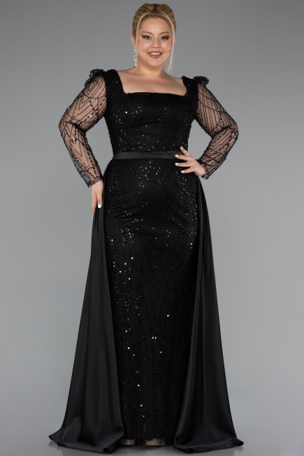 Long Black Beaded Plus Size Engagement Dress ABU4761