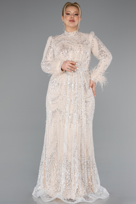 Long Beige Beaded Plus Size Hijab Dress ABU5057