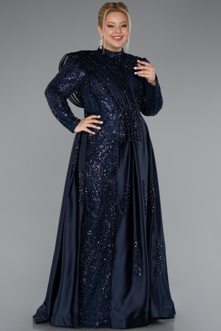 Long Navy Blue Beaded Plus Size Hijab Dress ABU5083