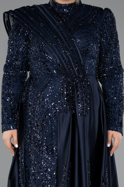 Long Navy Blue Beaded Plus Size Hijab Dress ABU5083