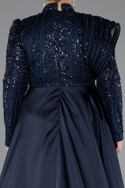 Long Navy Blue Beaded Plus Size Hijab Dress ABU5083