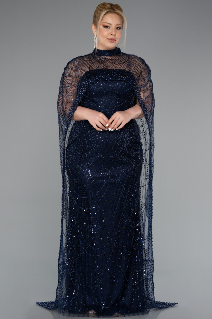 Long Navy Blue Beaded Plus Size Evening Gown ABU5010