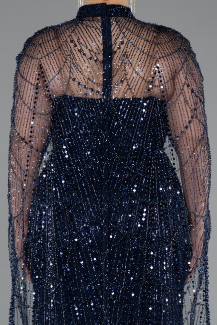 Long Navy Blue Beaded Plus Size Evening Gown ABU5010