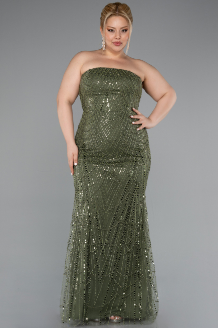 Long Olive Drab Beaded Plus Size Evening Gown ABU5010