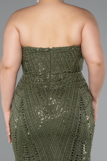 Long Olive Drab Beaded Plus Size Evening Gown ABU5010