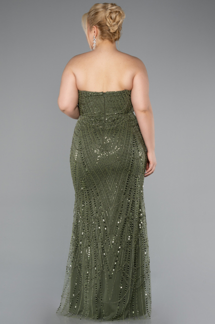 Long Olive Drab Beaded Plus Size Evening Gown ABU5010