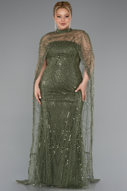 Long Olive Drab Beaded Plus Size Evening Gown ABU5010